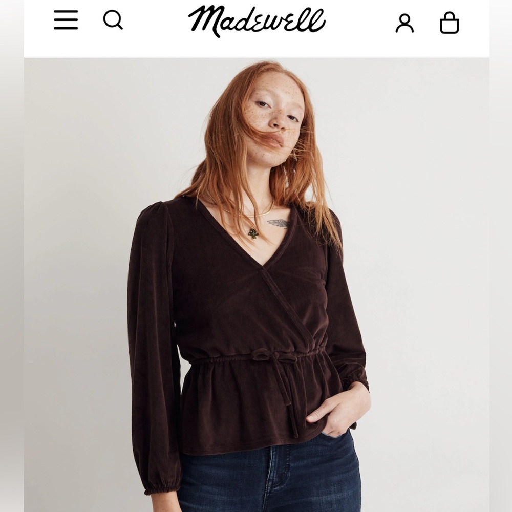 Madewell Corduroy Tie-Front Faux-Wrap Top, color: Spiced Raisin, size: XL